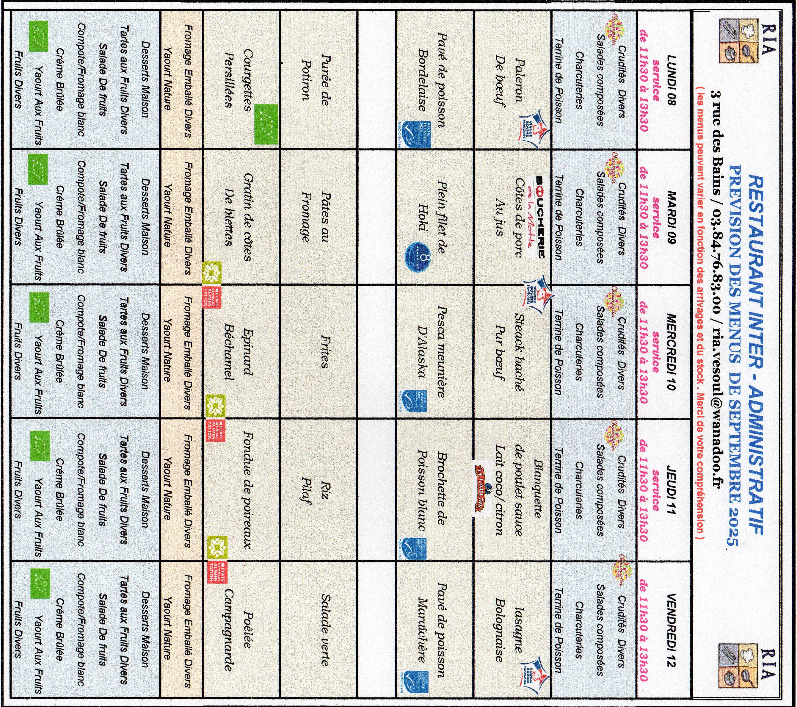 Menus septembre 2